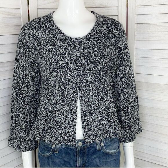 INC International Concepts Boucle Knit Crop Cardigan Sweater Black White Medium - Picture 1 of 10